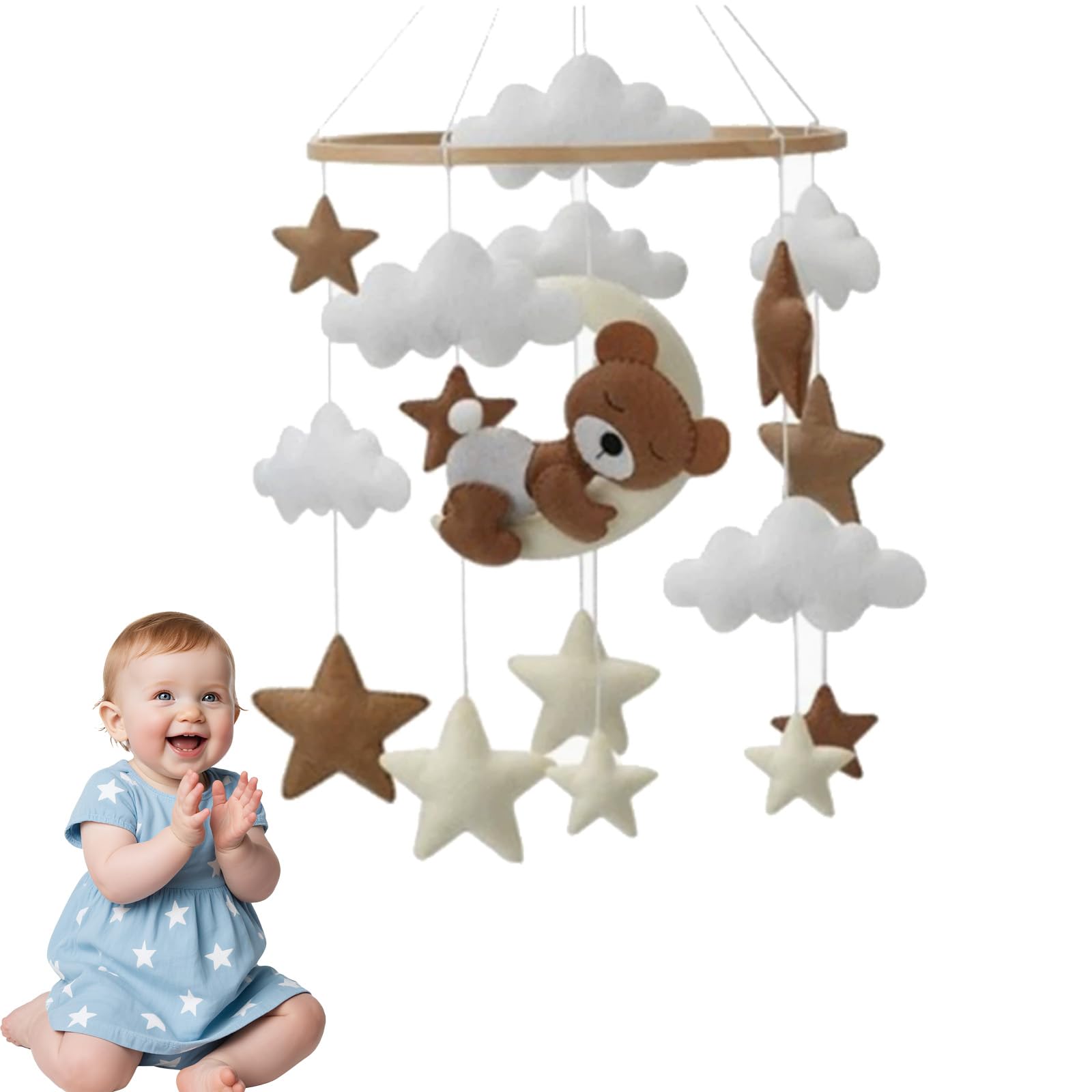 Bear & Star Cloud Hanging Mobile, Soft Felt Crib Wind Chime, Soothing Nursery Decor for Crib Bassinet Pram, Newborn Baby Shower Gift for Boys Girls (A)