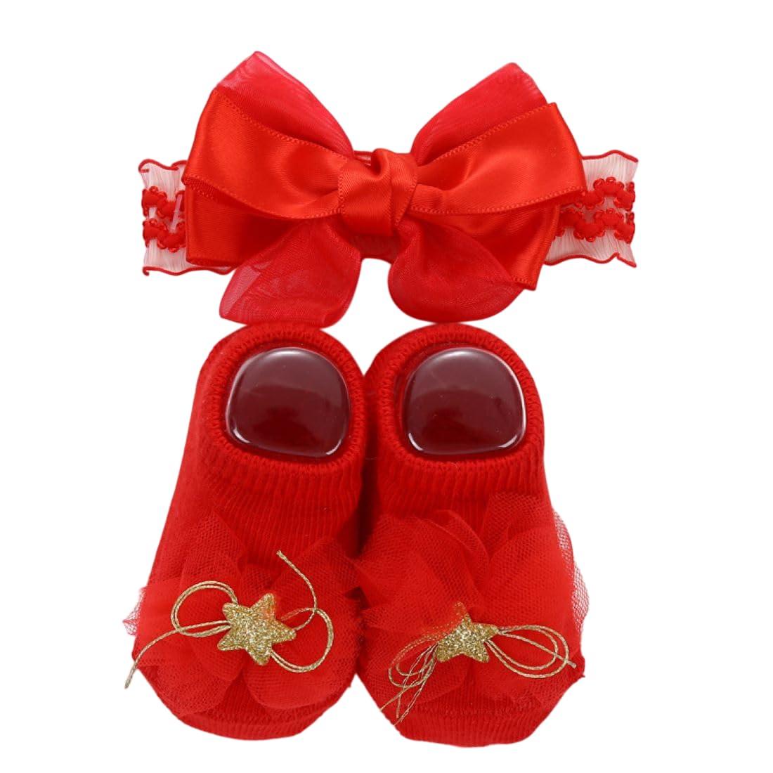 Baby Golden Star Hairband & Shoes Set Soft, Comfortable Fit for Ages 0-6 Month-old's Ideal for Newborns & Toddlers(Red)