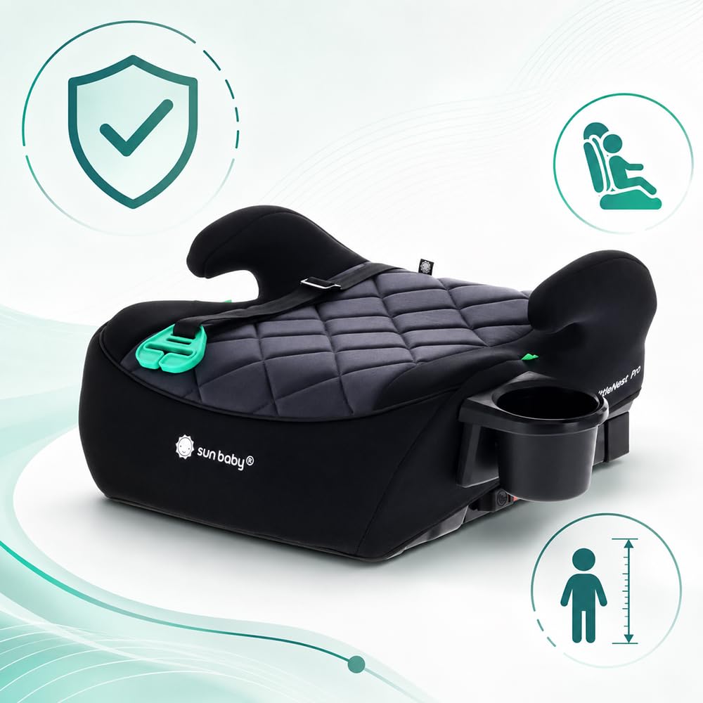 SUN BABY LITTLENEST PRO Elevador Coche ISOFIX 125–150 cm - Negro | i-Size R129, portavasos, asiento acolchado infantil