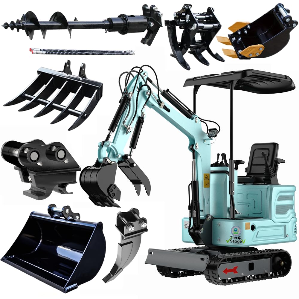 1.4 Ton Mini Excavator with Pilot Control - EPA Certified Gas Engine Mini Construction Vehicle, 12hp Engine & Rubber Tracks for Compact Digging with Excavator Attachments (Light blue-4)