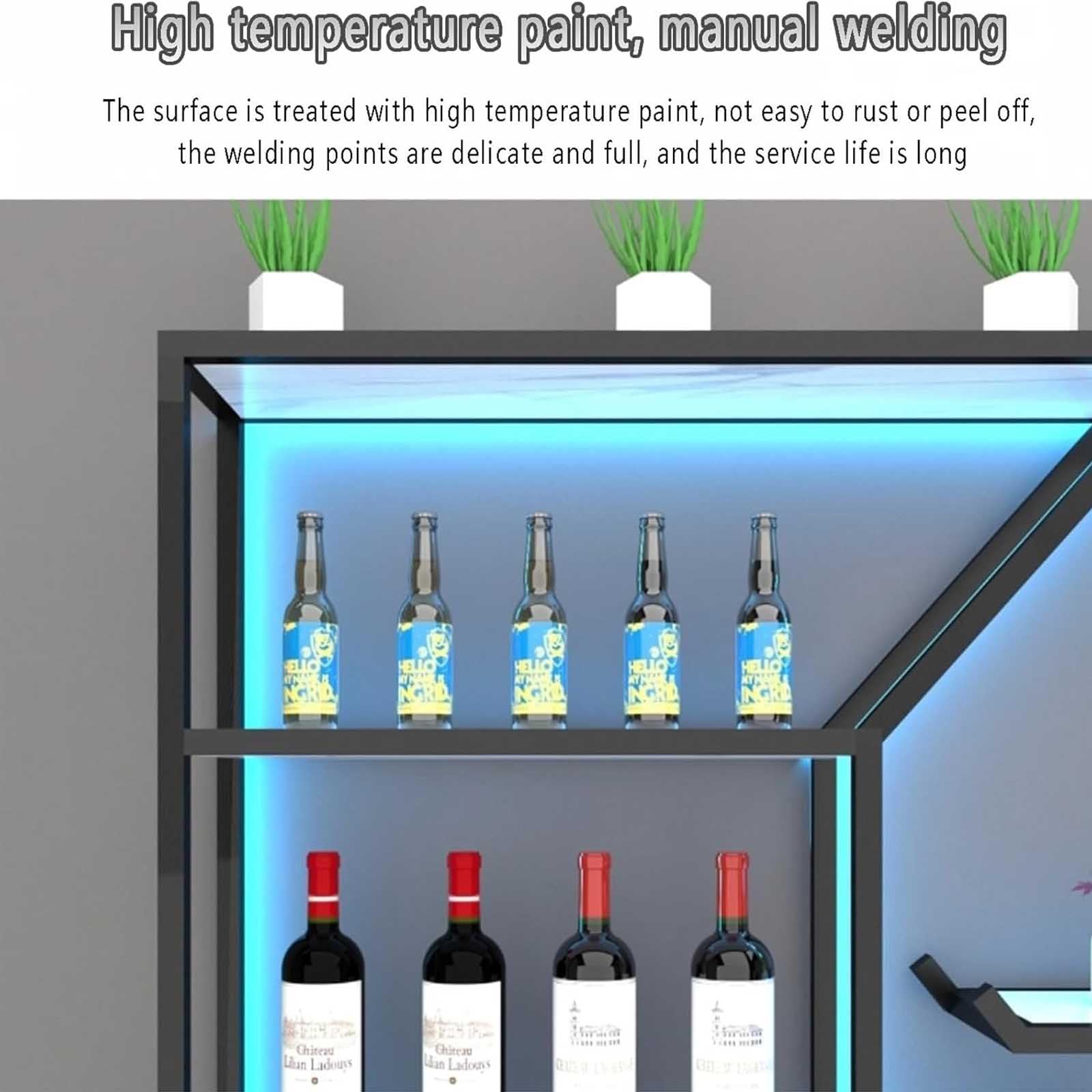 Botellero montado en la pared con luz LED y soporte de vidrio para exhibición y almacenamiento de bar