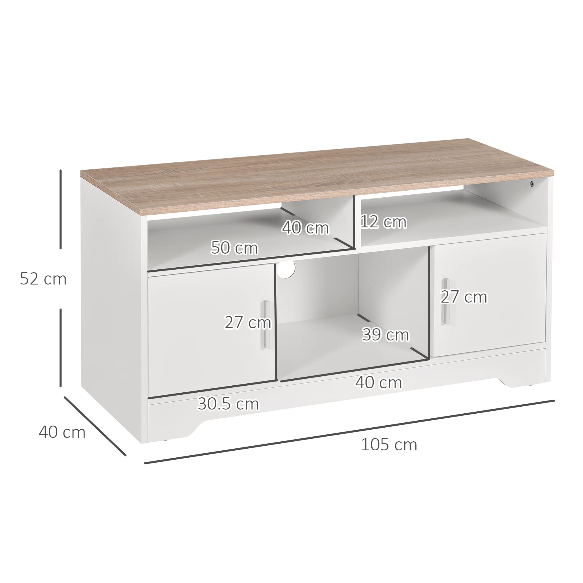 HOMCOM Mobile TV con 3 Scomparti Aperti, 2 Armadietti e Piano d'Appoggio, Mobile per TV fino a 50" in Truciolato, 105x40x52cm, Bianco e Legno