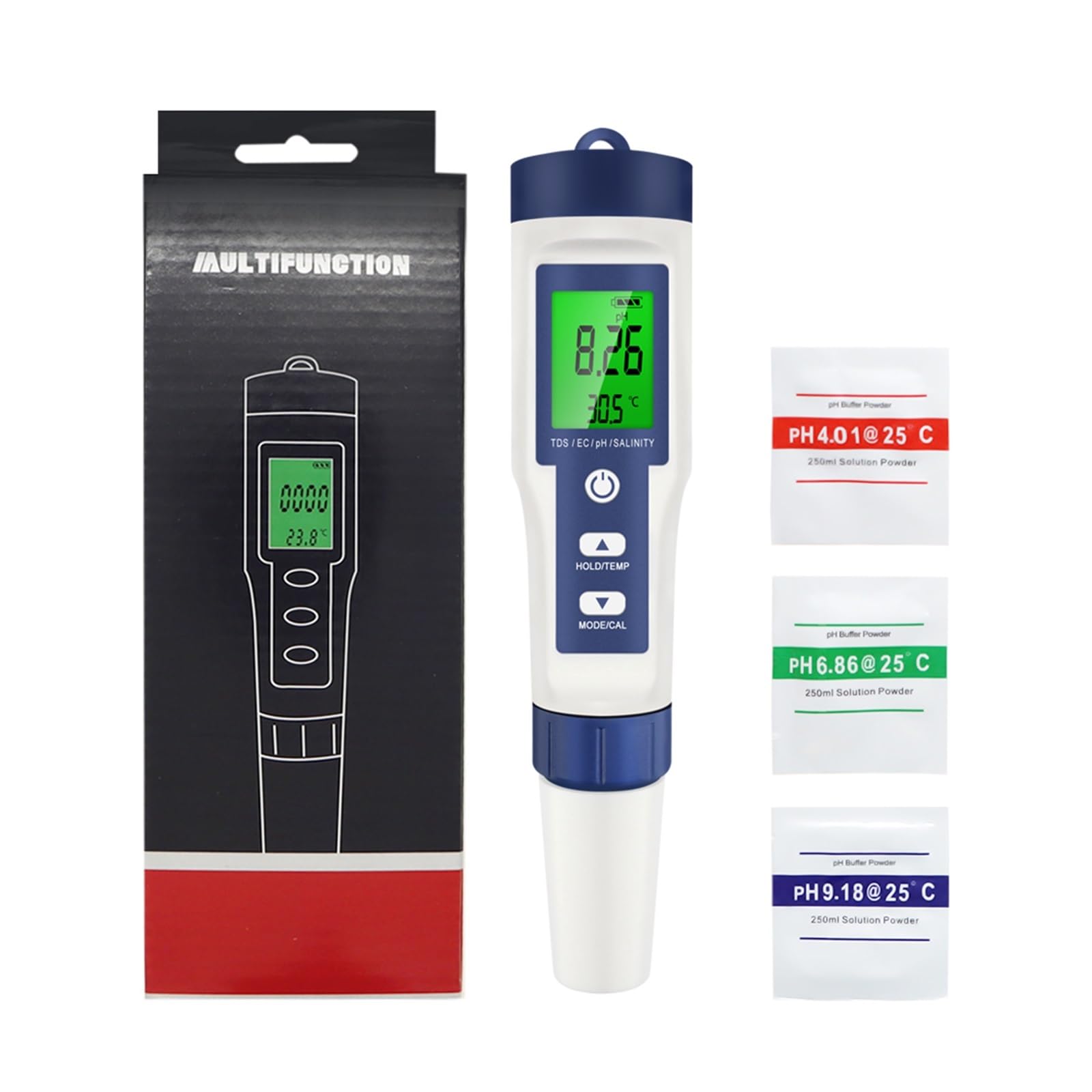 Tester miernika PH, 5 w 1 cyfrowy miernik PH TDS EC tester temperatury zasolenia przewodność filtr wody pióro czystości z podświetleniem,Woda pitna, Hydroponika, SPA, Browarnictwo(With backlight)