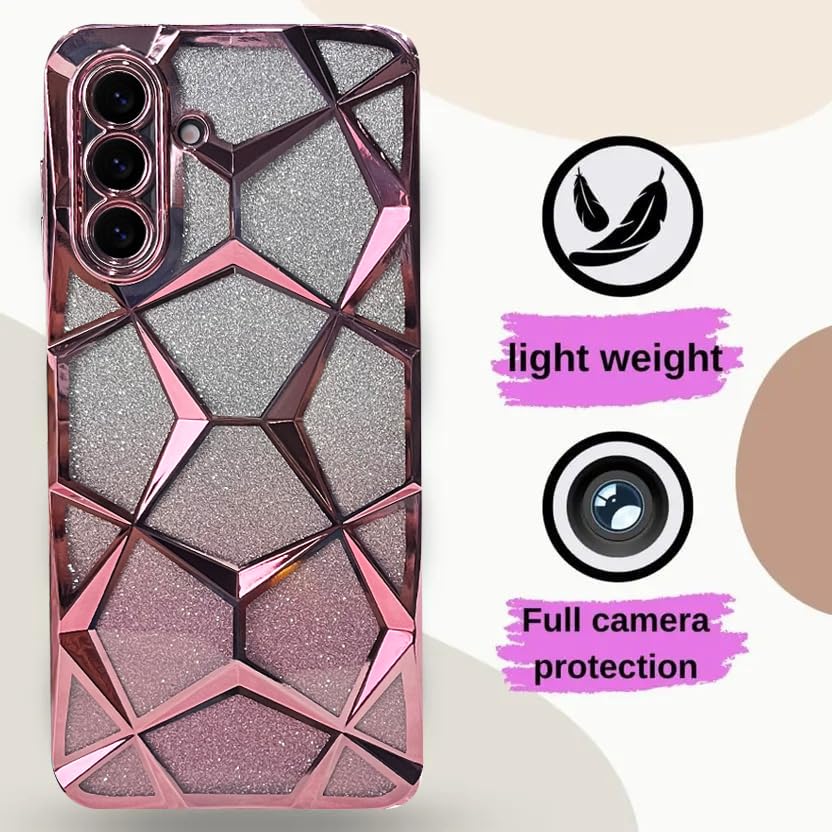 Image of VONZEE Gradient Glitter Case for Samsung A26, Luxury Electroplated 3D Cube, Diamond Bling Shiny Soft TPU Clear Shockproof Women Girls Protective Phone Cover (Rose Gold)