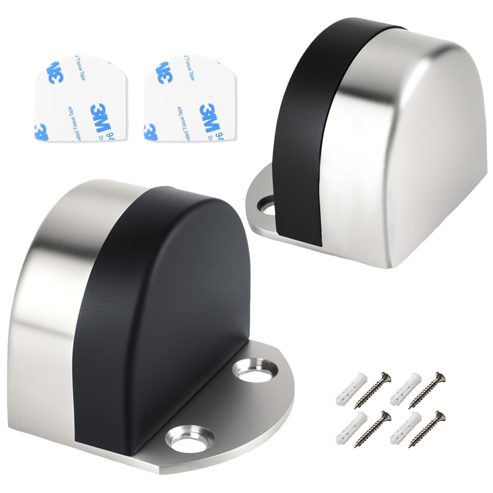 Door Stops, 2 Pack Floor Mounted Door Stoppers, Self Adhesive Door Stop with Rubber Buffer, Stainless Steel Solid Doorstop Bumpers for Indoors Outdoor, Silver