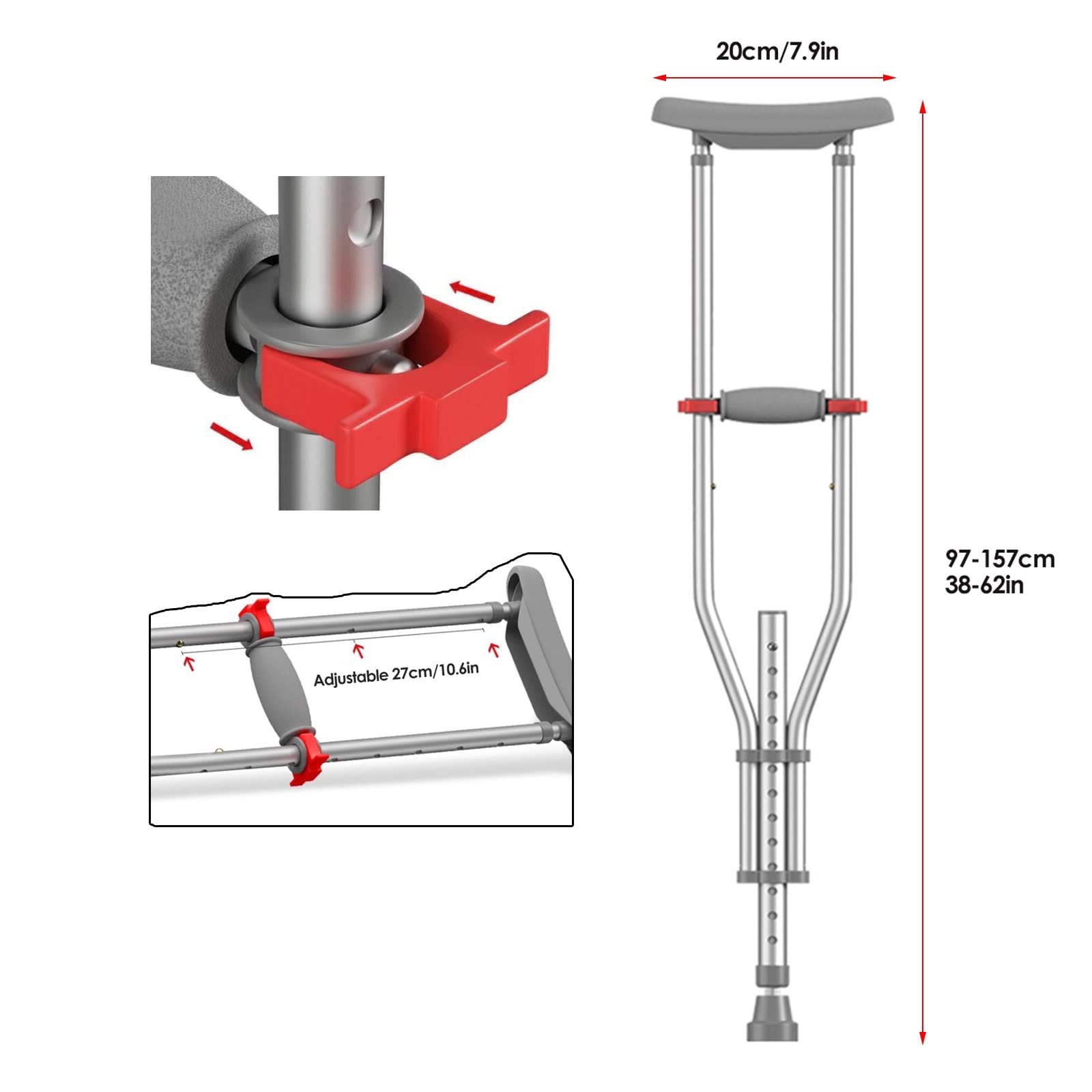 Muletas Axilares Plegables, Muletas Axilares Ajustables, Para Altura 140-195 Cm, Carga 230 Kg, Muletas Axilares Telescópicas, 2 Unidades