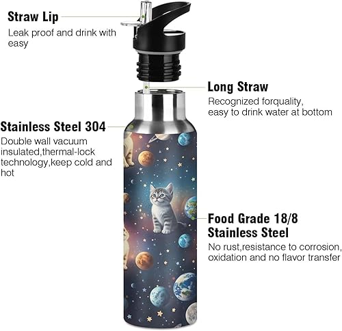Miniatura 3 de Insulated Stainless Steel Water Bottle with Straw 32 Oz, Leakproof Water Bottles for Gym Outdoor Travel School, Cute Cats Space