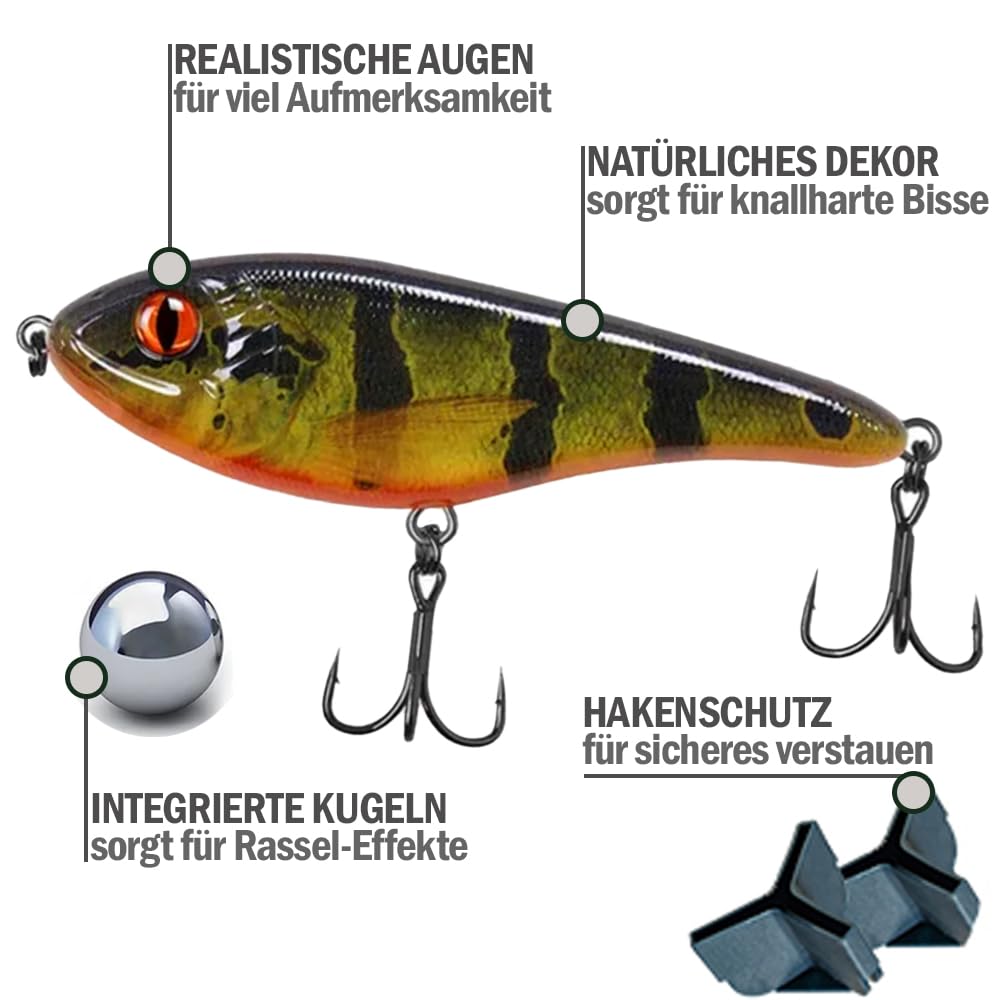 Jerkbait Hecht I 15cm, 80g Slow Sinking für große Hechte, Wobbler Jerkbait Hechtangeln, Kunstköder, Angelköder Raubfische, UV-aktive Jerkbaits