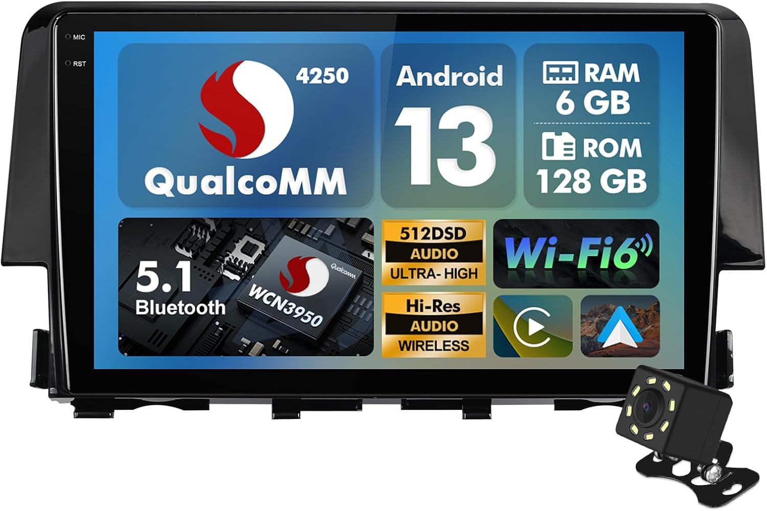 8 Core 6+128 GB Music Host with Qualcomm Android 13 Double Din Octa Core Car Stereo for Honda Civic 2016-2020 with 9 Inch Touchscreen Radio Built-in ST7850 AMP FM/AM/RDS Wireless CarPlay/Android Auto