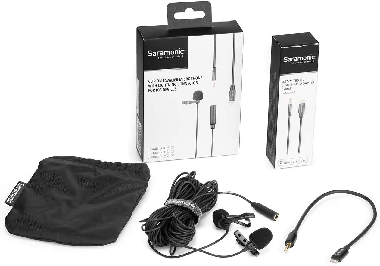 Saramonic LavMicro U1C Micrófonos de solapa digitales de doble cabezal Micrófono de solapa omnidireccional con adaptador de enchufe Lightning Compatible con iPhone iPad iOS MAC para YouTube Video