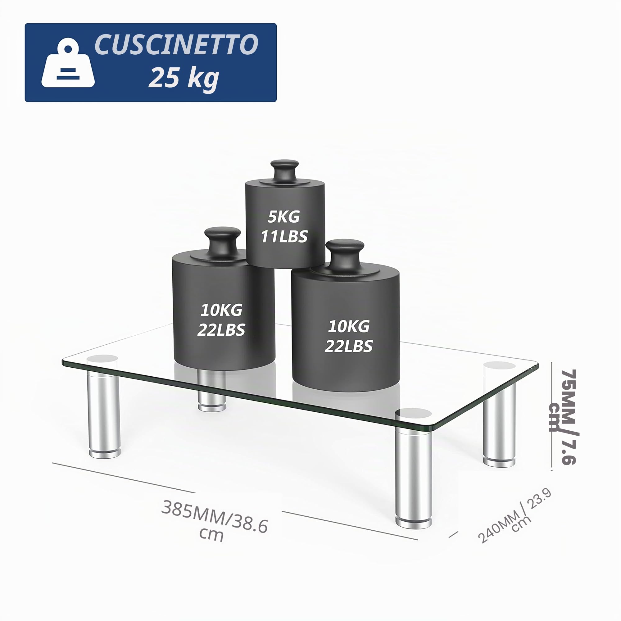 FITUEYES Supporto Monitor Supporto per Monitor in Vetro Temperato, Altezza Regolabile 38.5 x 24 x 7.5cm (Chiaro) DT103801GC