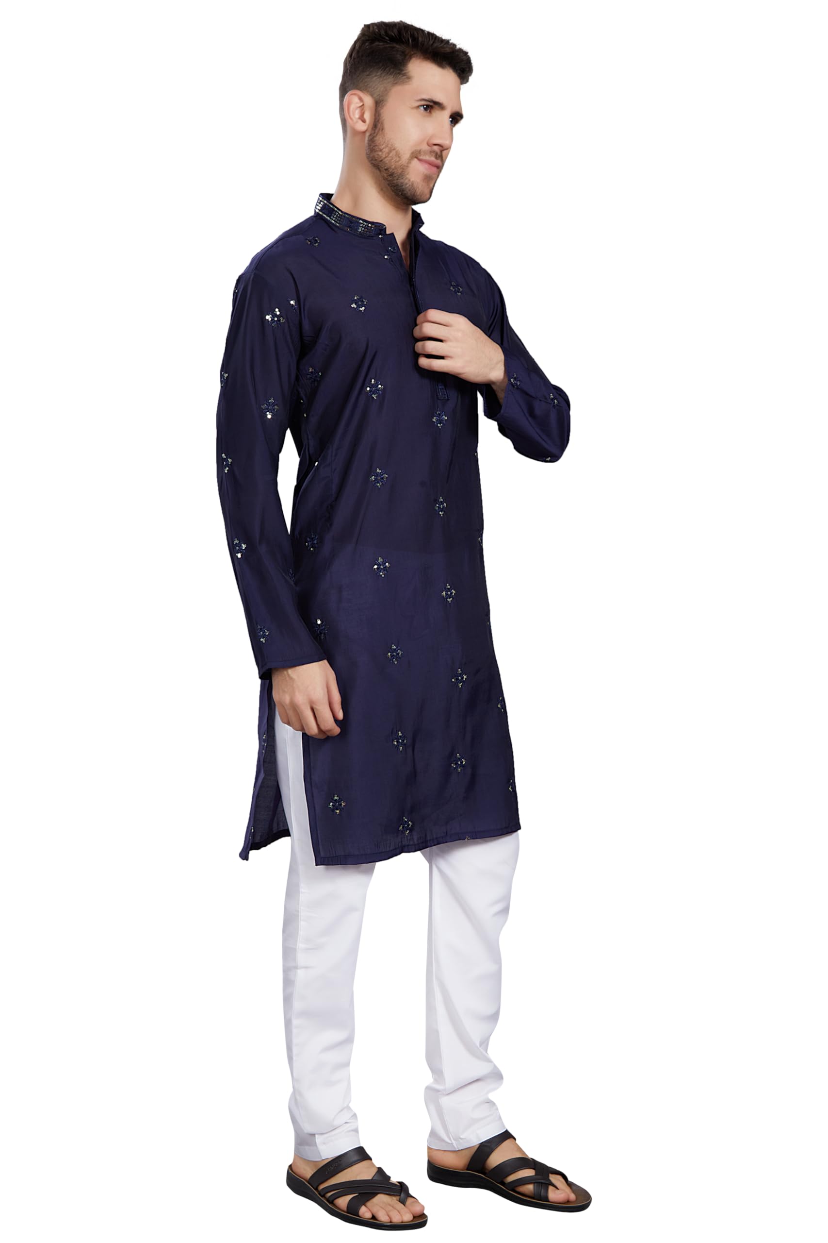 Divisive Men's Embroidered Silk Blend Only Slim Fit Kurta (Dkrt828_S_Navy)