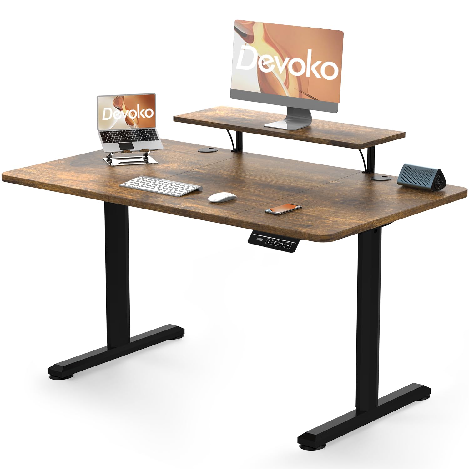 Devoko 120 x 60cm Standing Desk with Monitor Stand, Height Adjustable Electric Standing Desk, Stand Up Table for Home Office with 2 Memory Smart Pannel (Rustic Brown)