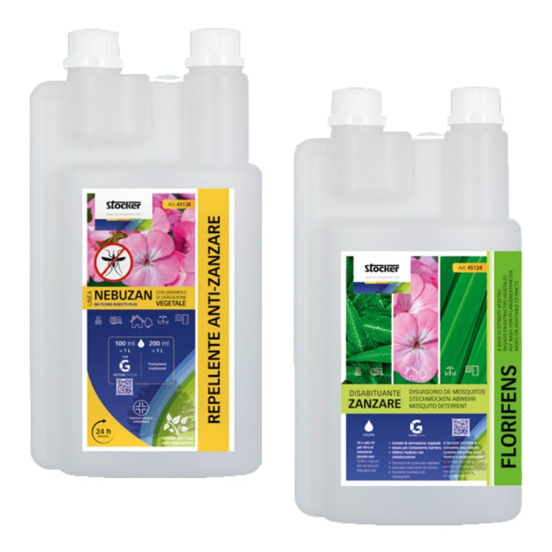 STOCKER Kit Antizanzare Completo 2L (1L Nebuzan + 1L Florifens) - Protocollo Barriera a Base di Estratti Vegetali per Giardino - Alta Concentrazione per Sistemi di Nebulizzazione