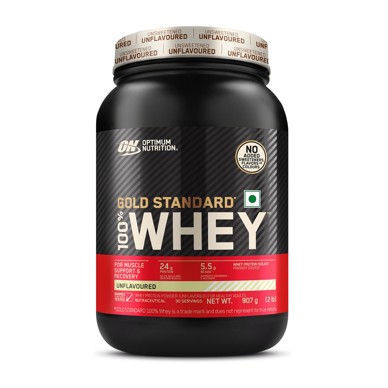 Unflavored Optimum Nutrition (ON) Gold Standard 100% Whey Protein Powder 2 lb, 907 g, for Muscle Support & Recovery, Vegetarian - Primary Source Whey Protein Isolate