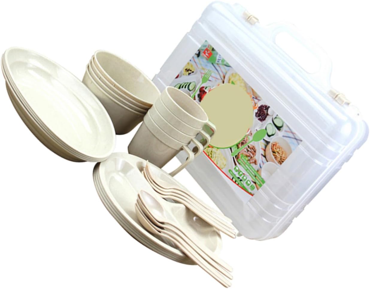Portable Plastic Camping Dish with Plates Cups and Cutlery for Outdoor Picnics Hiking BBQ Reusable Tableware for Adults Smooth Edges to Prevent Spills