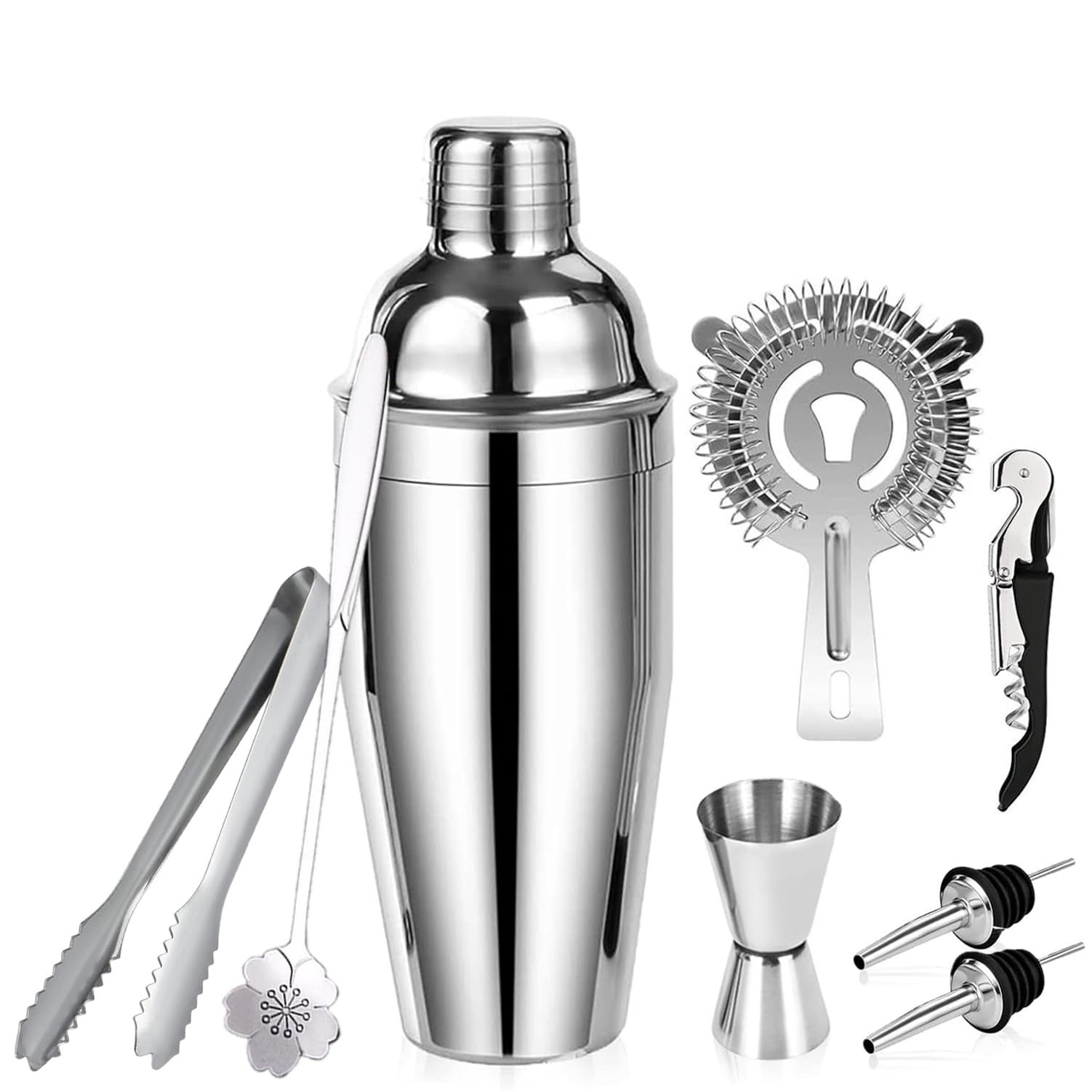 Shaker per Cocktail 750ml in Acciaio Inox Kit Barman Set Professionale Strumenti per Cocktail, Set di 8 Strumenti da Bar per Mescolare Vari Cocktail e Drink, Il Set è Ideale per Casa, Feste o Bar