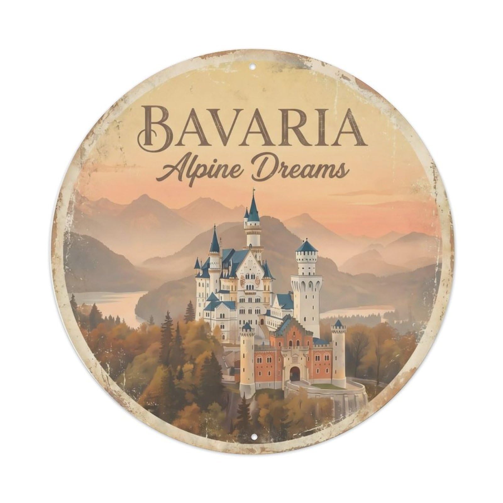 Vintage Travel Bavarian Castle Germany Metal Tin Sign Plaque Wall Decor for Cafe, Club, Garden Round Metal Poster 8x8Inch