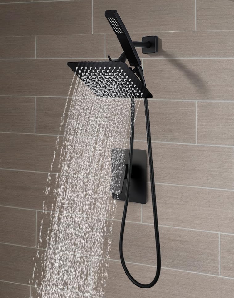 All Metal Shower Faucet Set, Dual Square Shower Head System with Handheld Wand, Diverter, Hose Complete Combo, Pressure Balance Rough-in Valve Included (Matte Black) - Image 2