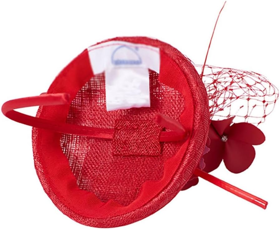 Fascinator Red Derby Hat for Women Elegant Headband Veil Flower Wedding Tea Party Dress Cap