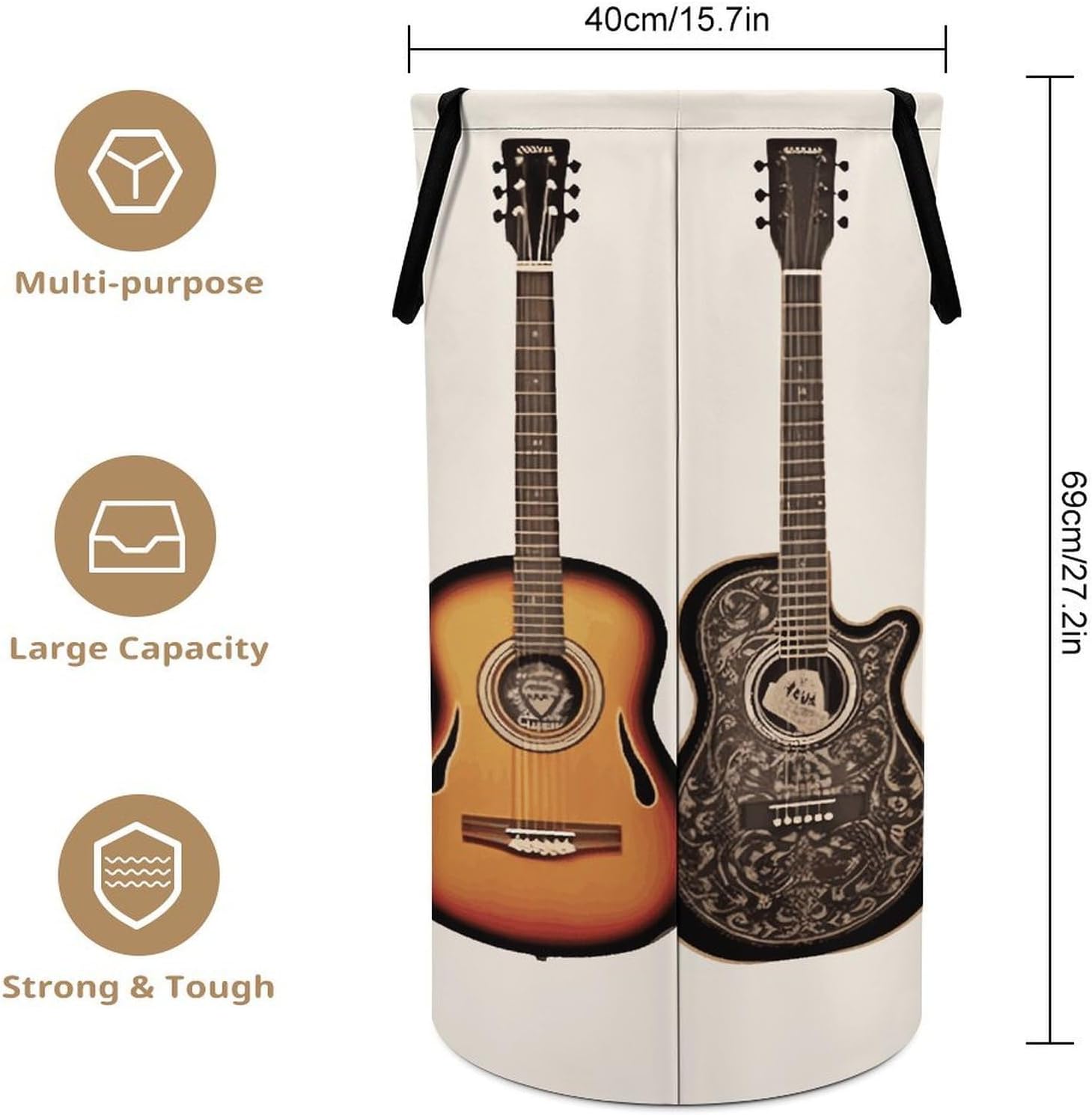 Guitar Laundry Hamper with Handles Waterproof Collapsible Laundry Basket Large Lightweight Round Dirty Clothes Hamper for Home Dorm Bathroom Decor