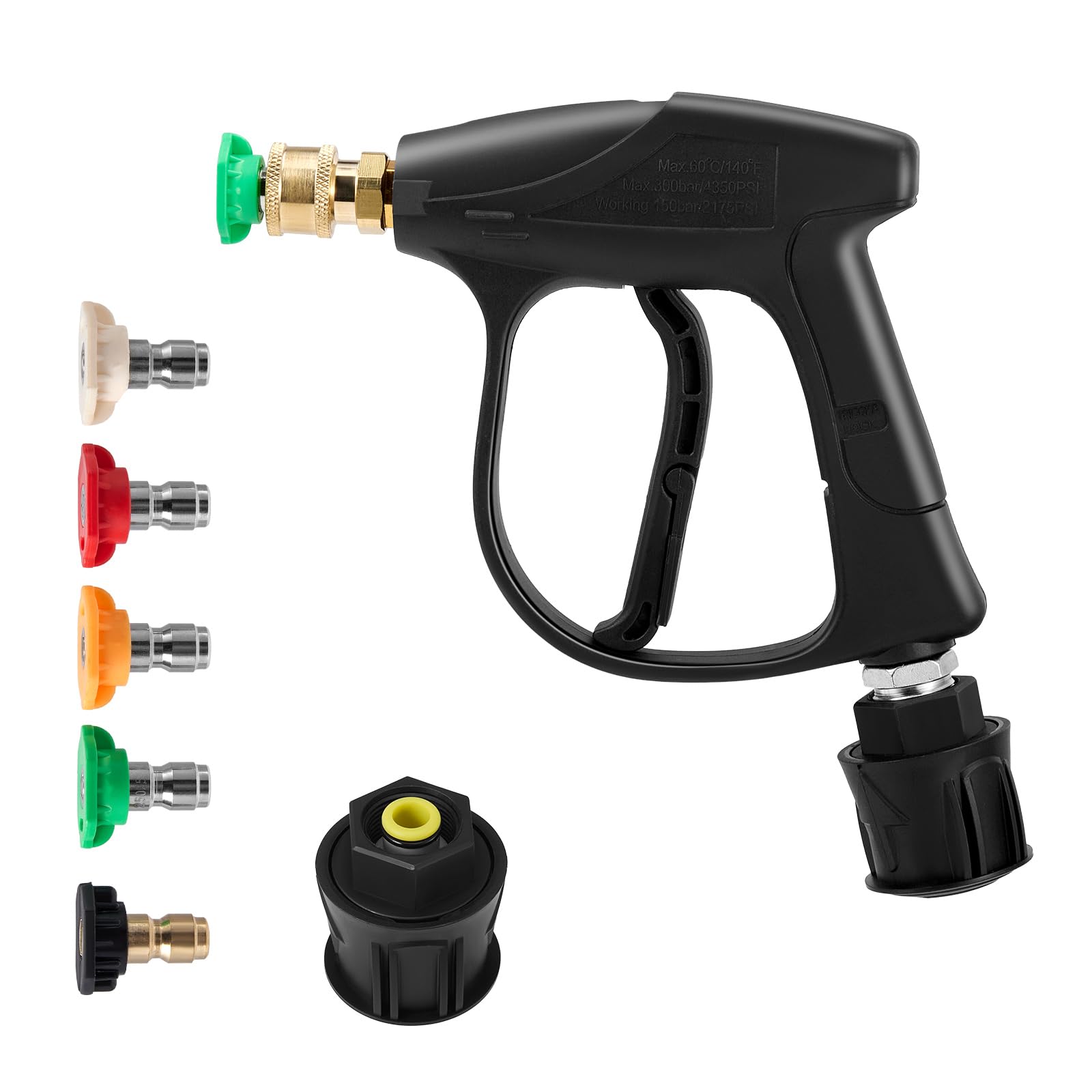 Short Pressure Washer Gun 4350 PSI, M22-14mm Adapter, 5 Nozzles