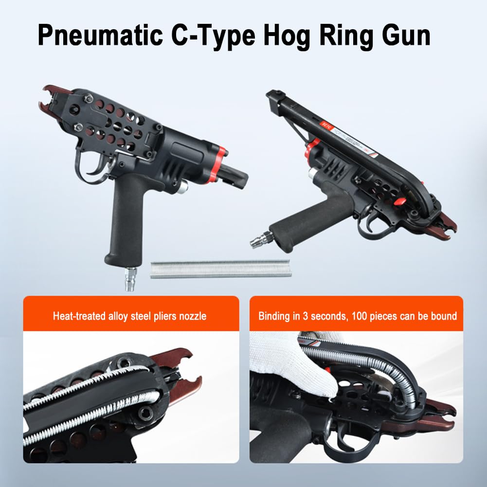 Kit de alicates de anillo de cerdo, pistola automática neumática tipo C, compatible con grapas de anillo de cerdo de 3,2 a 10 mm de diámetro de cierre para vallas y jaulas