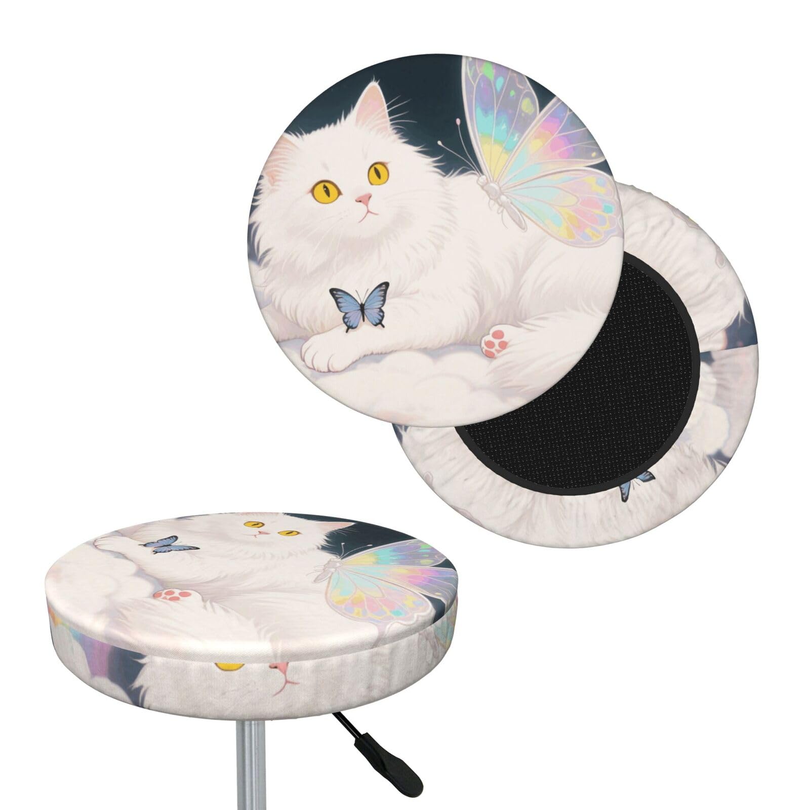 FekiLoot Cat Butterfly Round Bar Stool Covers Stretch Washable Bar Stool Covers Dustproof Slipcover Bar Chair Covers with Elastic Band for Bar Kitchen Living Room Decor 13 Inch
