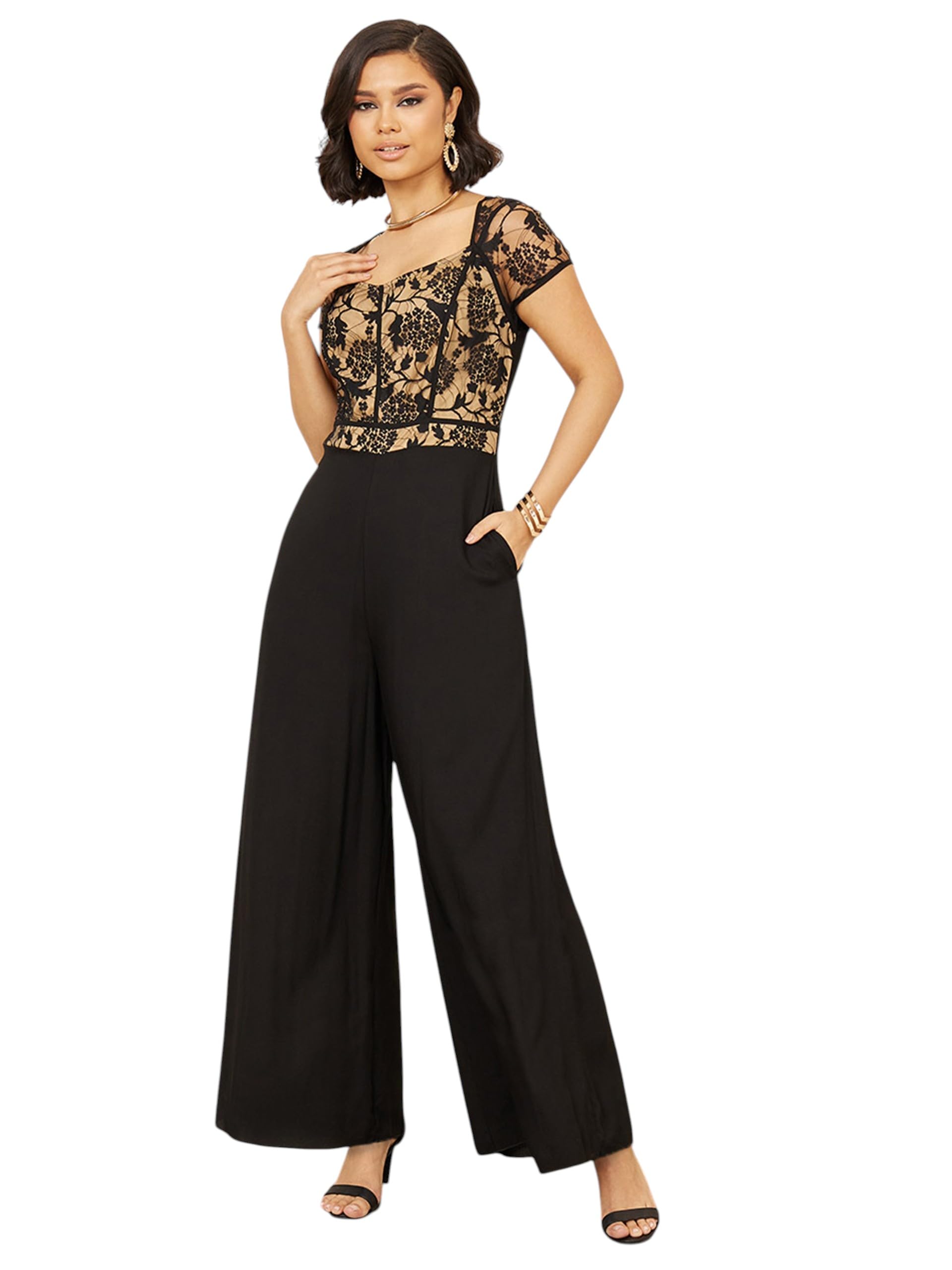 miss chase Women's Sweetheart Neck Raglan Sleeve Floral Lace Overlaid Viscose-Rayon Regular Length Jumpsuit-picture-12