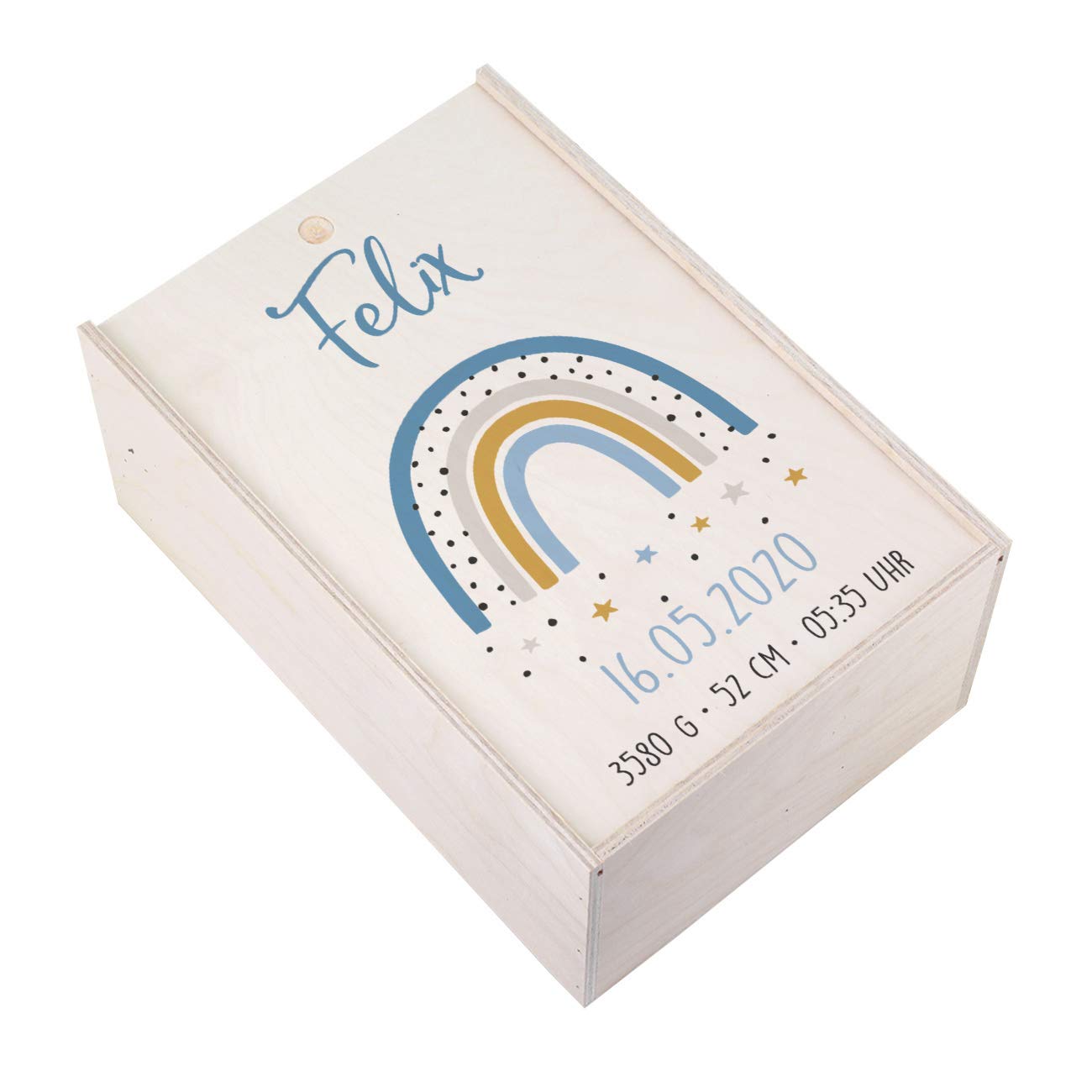 Striefchen® Holzbox zur Erinnerung an das erste Babyjahr oder als Geschenk zur Geburt - mit Namen des Kindes und Geburtsdaten bedruckt Regenbogen Blau