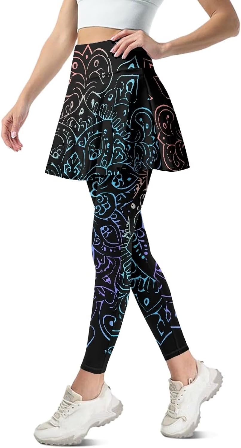Irisjudy Women's Tennis Skirted Leggings Rainbow Mandala Gym Yoga Pants Leggings with Skirts Bloodstain Golf Workout Trousers