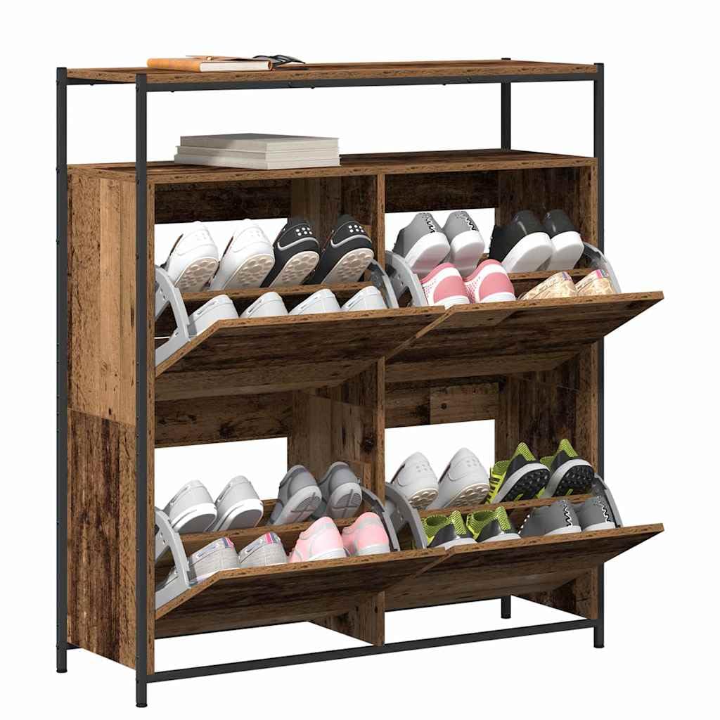 Zapatero con estante Madera vieja 100 x 34 x 112 cm | Madera mecanizada, patas de acero negro, puertas con bisagras, interiores, fáciles de montar
