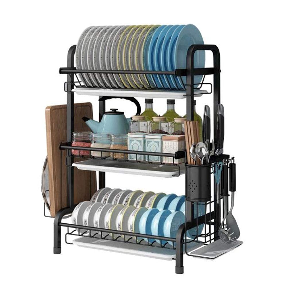 ASerZenith 3Tier Dish Rack With Drain Tray & Spice Rack Stainless Steel Kitchen Nizer For Efficient Drying & Storage Of Dishes And Utensils