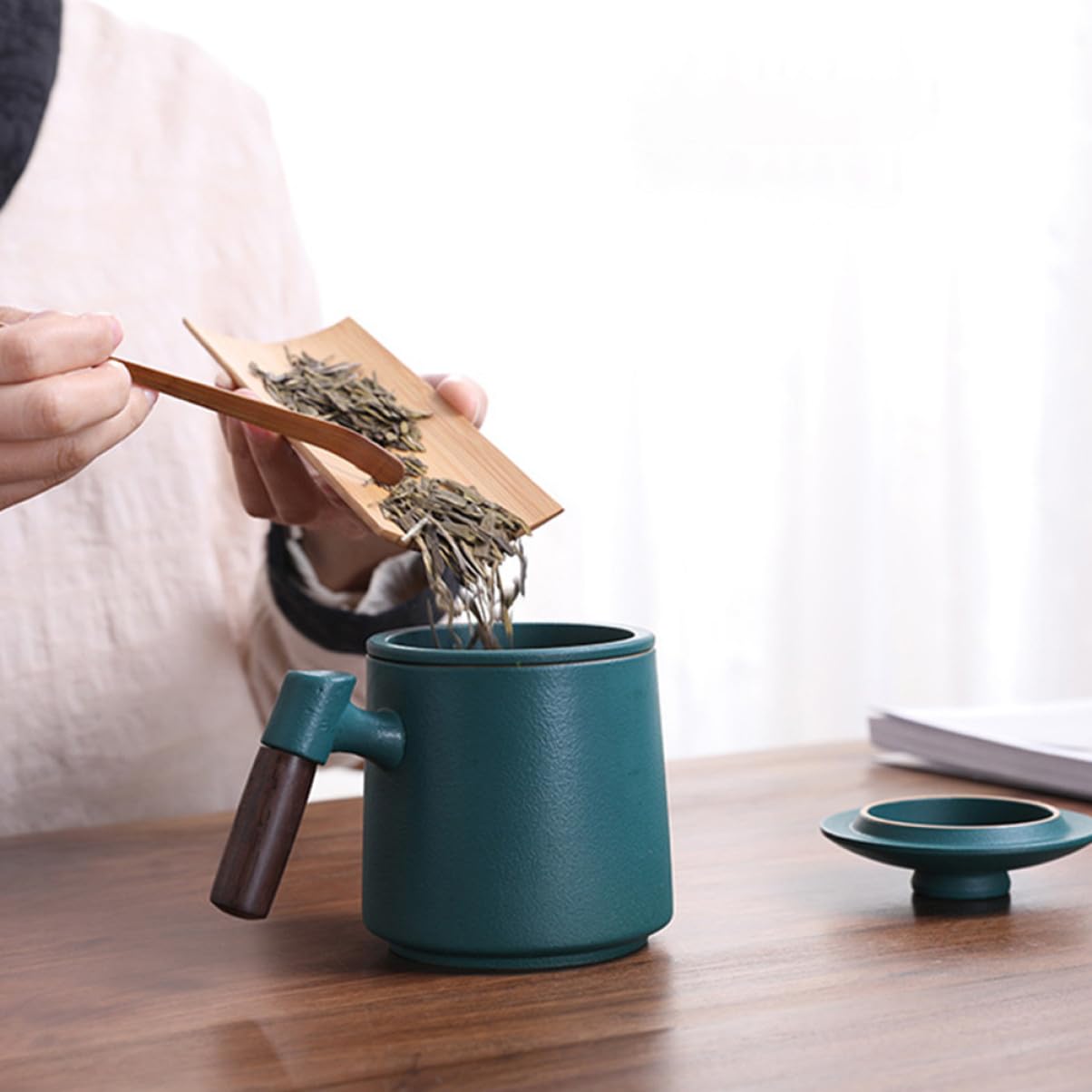 Taza de Té de Cerámica con Infusor y Tapa, 400 Ml, Mango de Madera, Resistente al Calor, para Hogar y Oficina, Juego de 3 Piezas, Color Verde