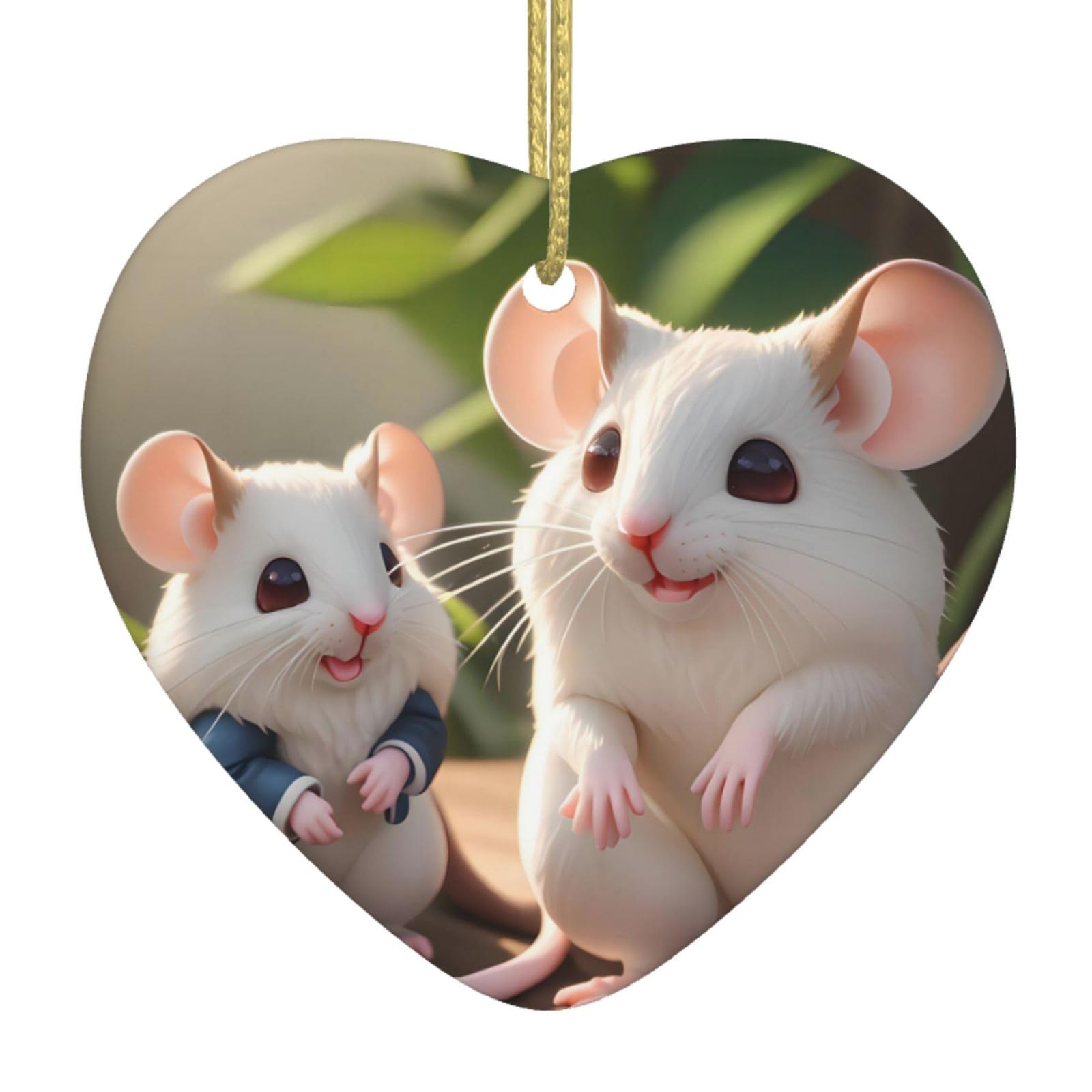 Mother and Child Rats Ceramic Christmas Heart Pendant with Silk Thread, Christmas Tree Home Decoration