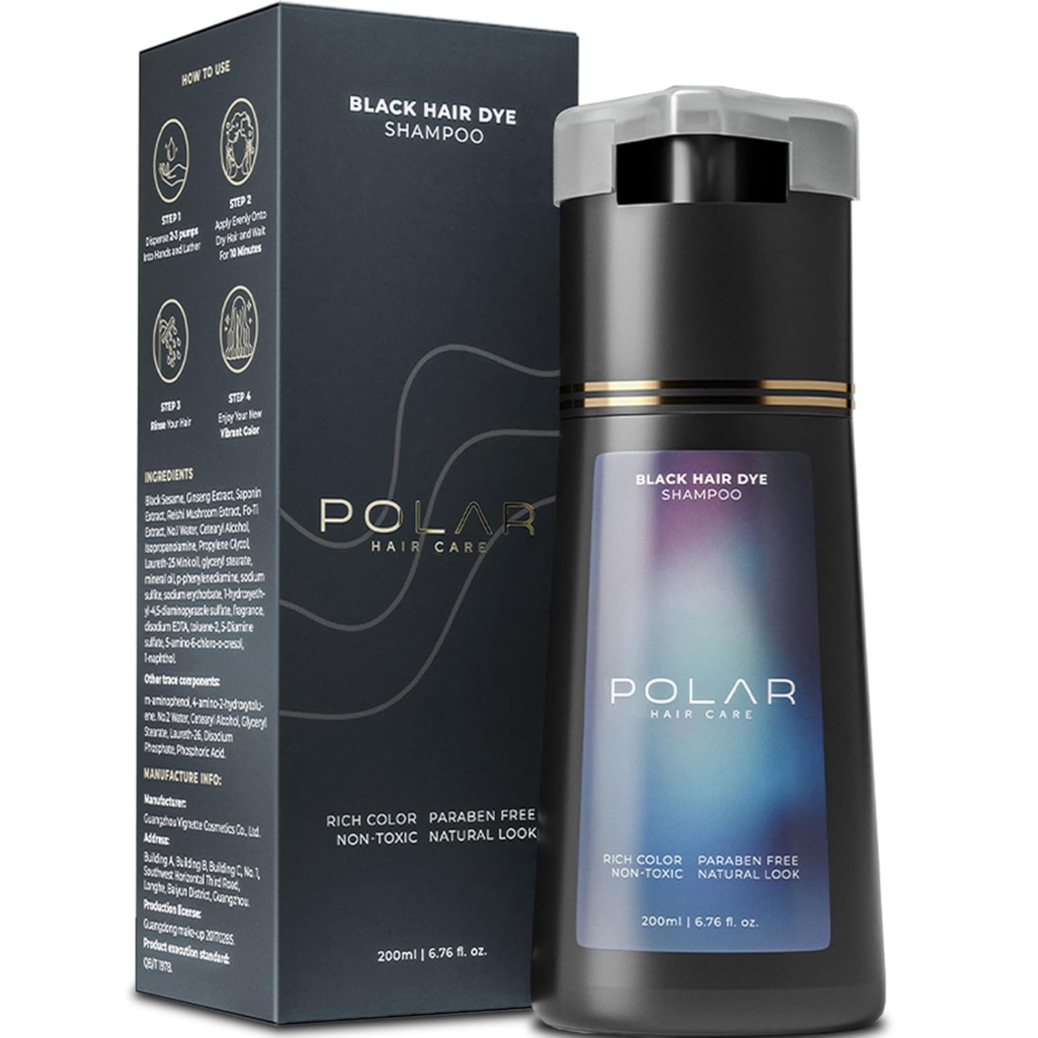 POLAR HAIR CARE-Hair Dye Shampoo for Gray Hair for Women & Men Natural Hair Dye Kit - Semi Permanent Hair Dye Shampoo - Vegan Hair color 200 ML-Jet Black-image-0