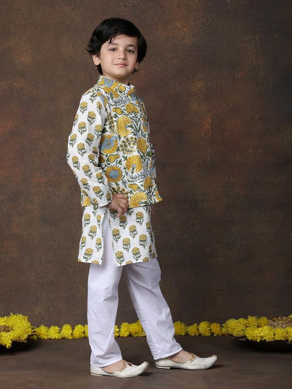 Image of superminis Boys Cotton Printed Full Sleeves Kurta With Ajrakh Printed Jacket and Pyjama Set