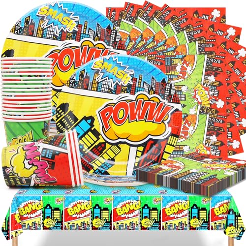 Huaxintoys Superhéroes Party Supplies,Vajilla de Fiesta de Superhéroes Incluir 20 Platos Cumpleaños,20 Servilletas,20 Vasos y 1 Mantel para Temática de Superhéroes Cumpleaños