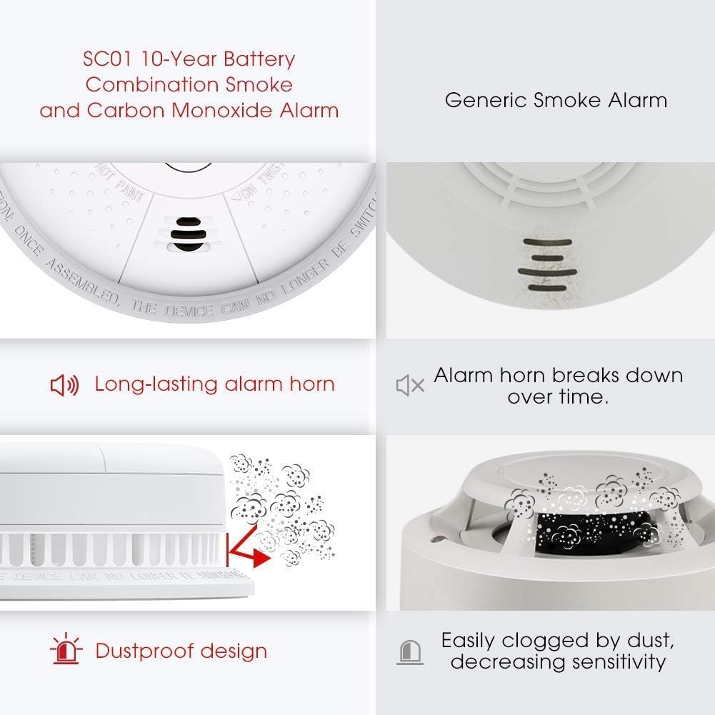X-Sense SC01 10 Year Battery (Not Hardwired) Smoke and Carbon Monoxide Detector with Display, Dual Sensor Smoke CO Alarm Complies with UL 217 & UL 2034 Standards, Auto-Check, 3-Pack - - 