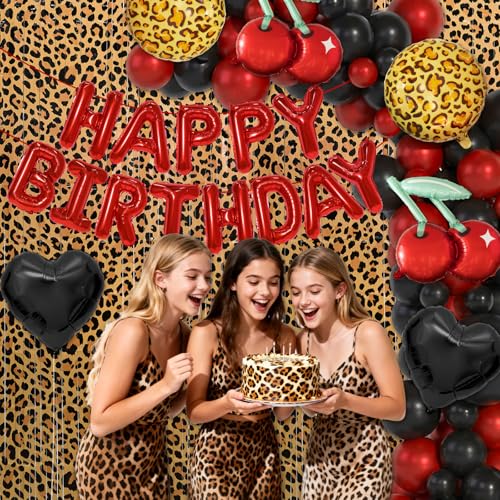 Image of Cheetah Print Birthday Party Decorations with Leopard Print Foil Fringe Curtains,Happy Birthday Letter Balloons, Heart,Cherry,Leopard Round Foil Balloons,Latex Balloons for Birthday Party Women Girl