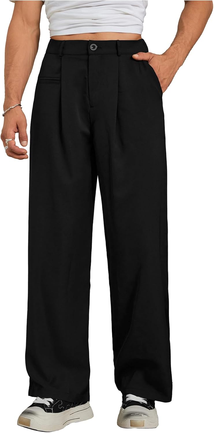 SHENHE Men's Pleated Low Waist Wide Leg Suit Pants Casual Dress Wide Leg Loose Long Pants with Pocket