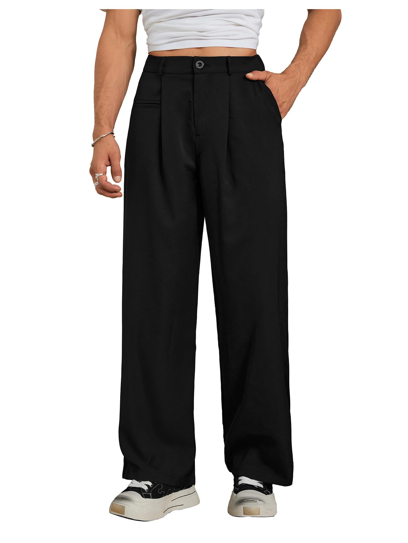 SHENHE Men's Pleated Low Waist Wide Leg Suit Pants Casual Dress Wide Leg Loose Long Pants with Pocket