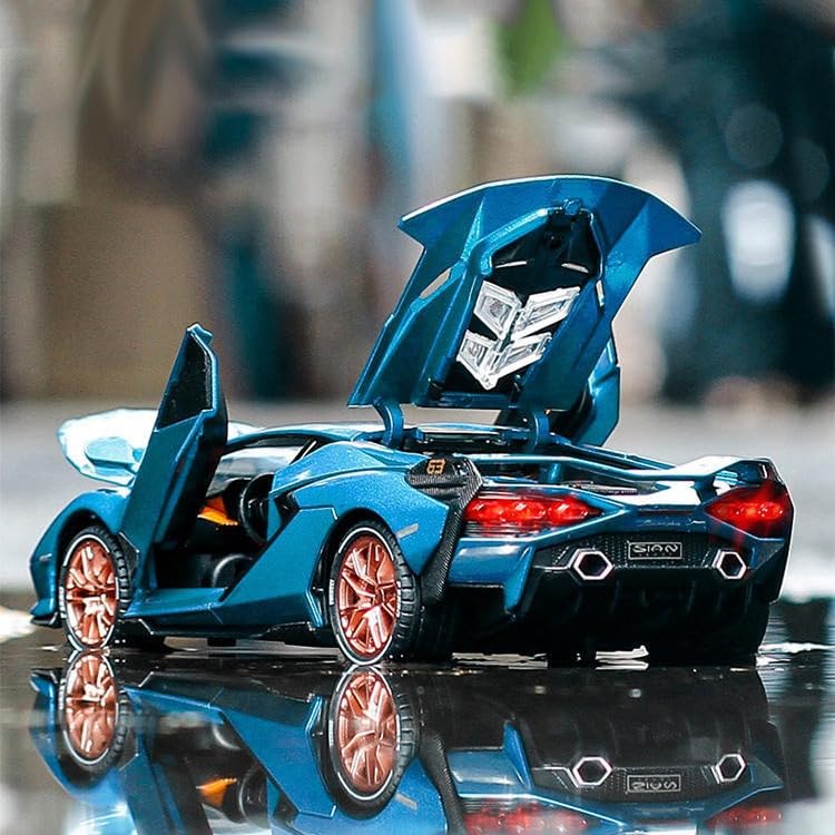 Image of Advisian store 1:24 Lamborghini Sian Die-cast Metal Toy Model Car Pull Back car Super car with Openable Doors with Sound and Light for Gifts Toys for Kids (1:24 Lamborghini Sian - Blue)