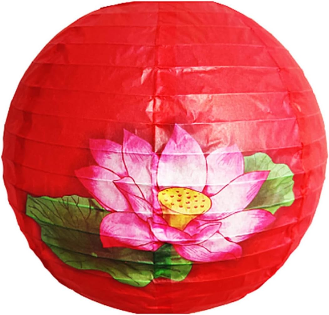 Farol 30cm/12インチ 丸型紙ランタン 2個パック レトロ 蓮柄 吊り下げボールランタン 中国東洋風 フェスティバルランタ