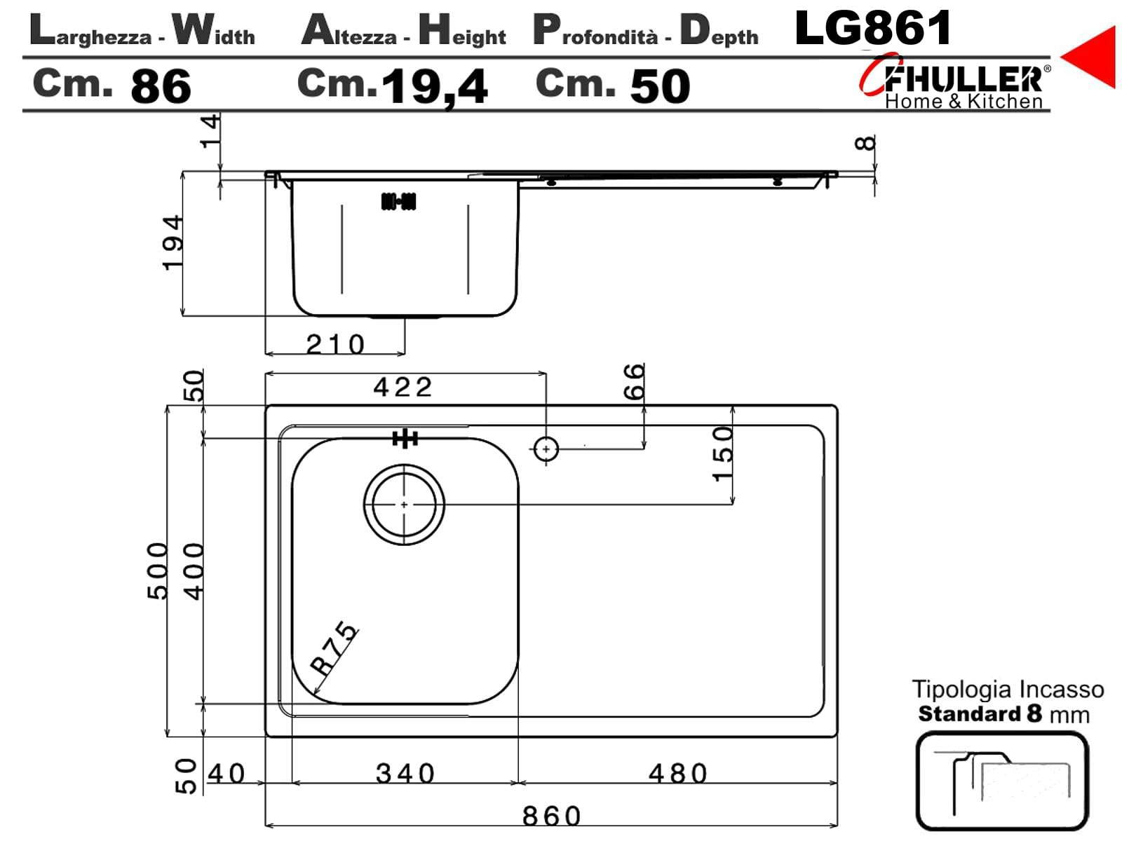 LG861RVS ● Lavello Incasso Cucina FHULLER Mod.LAGUNA 86x50 1 Vasca Sinistra e Gocciolatoio Destra, Spessore Acciaio 7/10 con Vasche Profonde H 19,4 Realizzato in Acciaio Inox Spazzolato Made in Italy