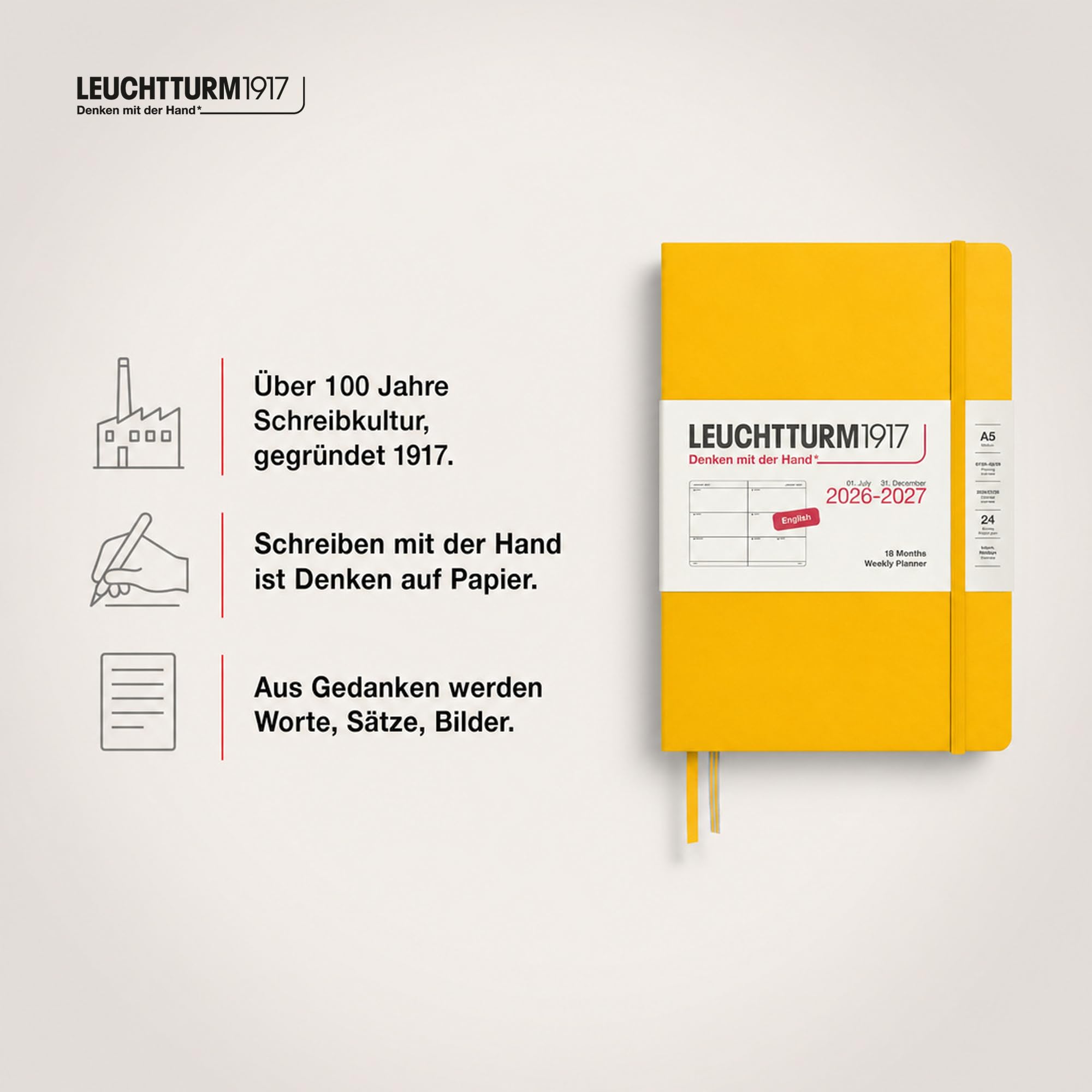 LEUCHTTURM1917 Agenda semanal 2027 tamaño mediano (A5) – Inglés, girasol, tapa dura, 145 x 210 mm, 18 meses – 07. 2026 – 12/2027, 1 semana por página doble, papel de 80 g/m² con alta compatibilidad
