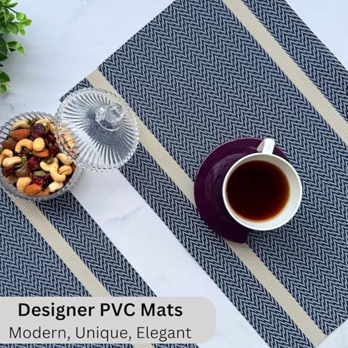 Image of Livmodern Premium PVC Dining Table Mats for 6 Seater| Woven PVC Placemats | Heat Resistant & Anti Skid Table Mats| Wipeable & Washable Set of 6- Midnight Chevron