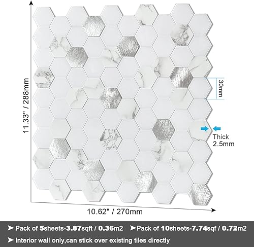 Miniatura 6 de BeNice Azulejo adhesivo para salpicaduras de baño, azulejos hexagonales para despegar y pegar, panel de pared de cocina, protector contra