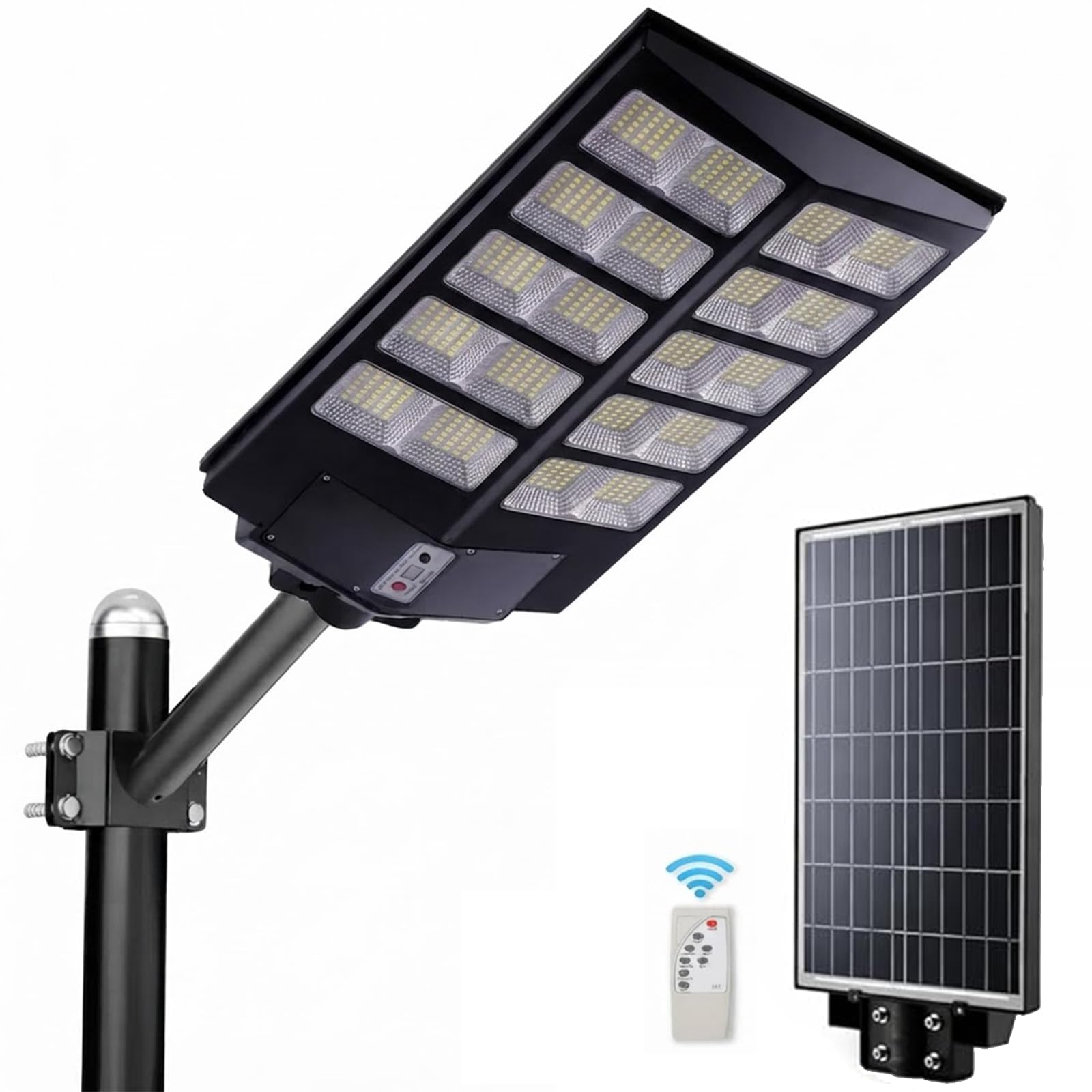 Lampione LED 1200W con Pannello Solare, Luce Esterno 6500K Ultra Potente, Sensore Crepuscolare e Movimento, Automatico, Telecomando + Staffa, IP66 Impermeabile, Faretto per Giardino, Cortile, Strada