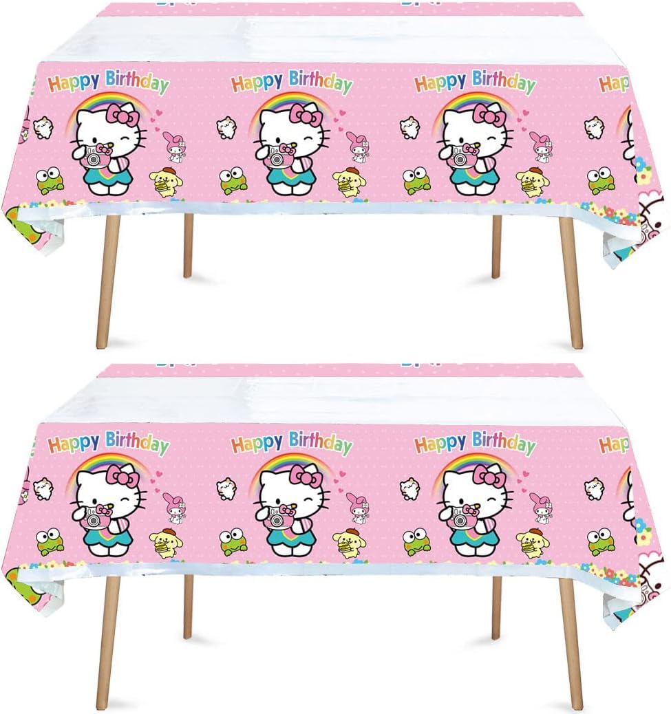HACBYUTY Tablecloth, 2pcs Hello Cat Kitty Birthday Party, Rectangular, Plastic, 70'' x 42'', Waterproof, Blue Pink